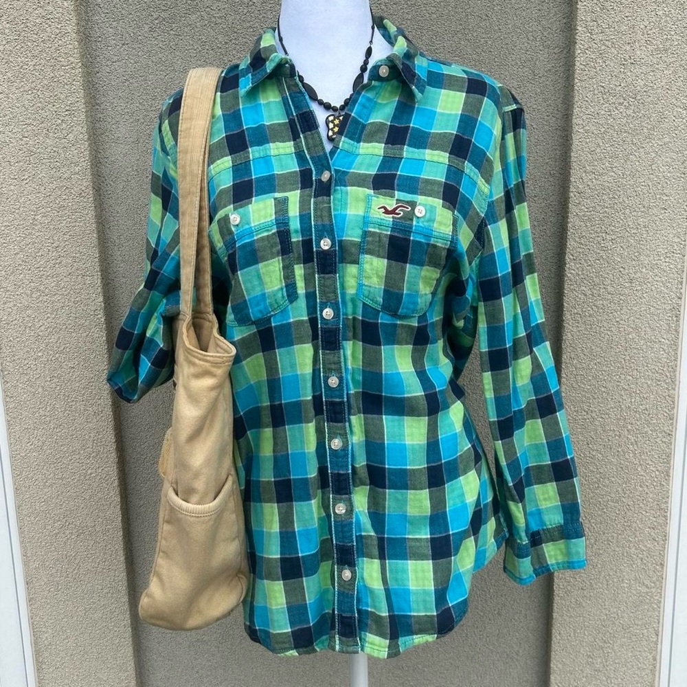 Hollister Blue and Green Plaid Button Down Shirt